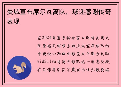 曼城宣布席尔瓦离队，球迷感谢传奇表现